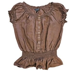 Saint Tropez West Brown 100% Linen Smocked Peplum Blouse Top Size M Boho